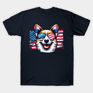 Corgi dog Sunglasses American Flag 4th of July T-Shirt